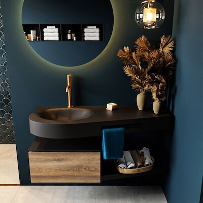 MONDIAZ RIVA 120cm badmeubel onderkast / planchet kleur Dark_Brown_Grey met 1 lade. Wastafel DULCET links 1 kraangat kleur Urban.