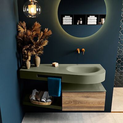 MONDIAZ RIVA 120cm badmeubel onderkast / planchet kleur Dark_Brown_Grey met 1 lade. Wastafel DULCET rechts 0 kraangaten kleur Army.