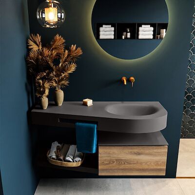 MONDIAZ RIVA 120cm badmeubel onderkast / planchet kleur Dark_Brown_Grey met 1 lade. Wastafel DULCET rechts 0 kraangaten kleur Dark_Grey.