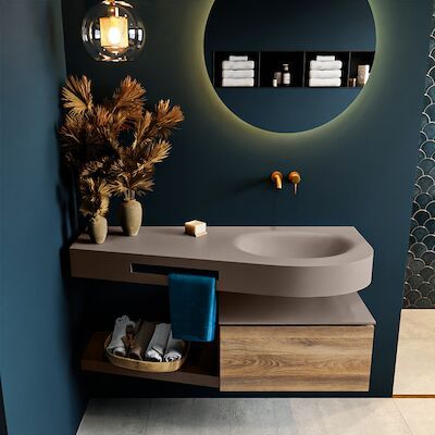 MONDIAZ RIVA 120cm badmeubel onderkast / planchet kleur Dark_Brown_Grey met 1 lade. Wastafel DULCET rechts 0 kraangaten kleur Smoke.