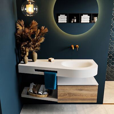 MONDIAZ RIVA 120cm badmeubel onderkast / planchet kleur Dark_Brown_Grey met 1 lade. Wastafel DULCET rechts 0 kraangaten kleur Talc.