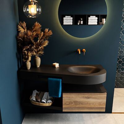 MONDIAZ RIVA 120cm badmeubel onderkast / planchet kleur Dark_Brown_Grey met 1 lade. Wastafel DULCET rechts 0 kraangaten kleur Urban.