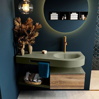 MONDIAZ RIVA 120cm badmeubel onderkast / planchet kleur Dark_Brown_Grey met 1 lade. Wastafel DULCET rechts 1 kraangat kleur Army.