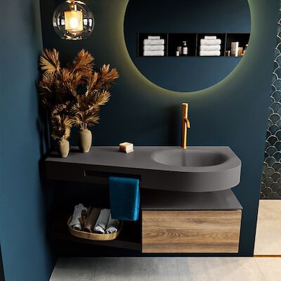 MONDIAZ RIVA 120cm badmeubel onderkast / planchet kleur Dark_Brown_Grey met 1 lade. Wastafel DULCET rechts 1 kraangat kleur Dark_Grey.