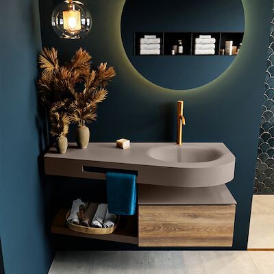 MONDIAZ RIVA 120cm badmeubel onderkast / planchet kleur Dark_Brown_Grey met 1 lade. Wastafel DULCET rechts 1 kraangat kleur Smoke.