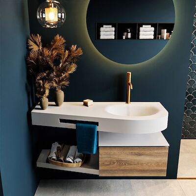 MONDIAZ RIVA 120cm badmeubel onderkast / planchet kleur Dark_Brown_Grey met 1 lade. Wastafel DULCET rechts 1 kraangat kleur Talc.