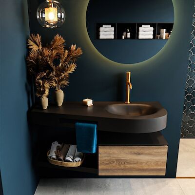 MONDIAZ RIVA 120cm badmeubel onderkast / planchet kleur Dark_Brown_Grey met 1 lade. Wastafel DULCET rechts 1 kraangat kleur Urban.