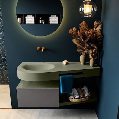 MONDIAZ RIVA 120cm badmeubel onderkast / planchet kleur Dark_Grey met 1 lade. Wastafel DULCET links 0 kraangaten kleur Army.