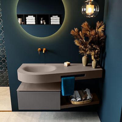 MONDIAZ RIVA 120cm badmeubel onderkast / planchet kleur Dark_Grey met 1 lade. Wastafel DULCET links 0 kraangaten kleur Smoke.