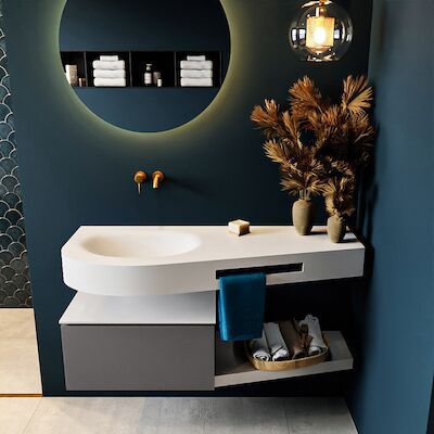 MONDIAZ RIVA 120cm badmeubel onderkast / planchet kleur Dark_Grey met 1 lade. Wastafel DULCET links 0 kraangaten kleur Talc.