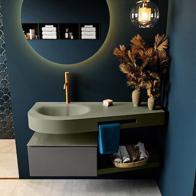 MONDIAZ RIVA 120cm badmeubel onderkast / planchet kleur Dark_Grey met 1 lade. Wastafel DULCET links 1 kraangat kleur Army.