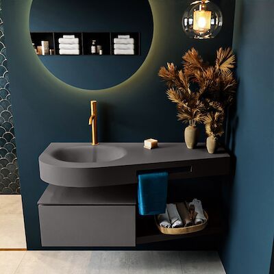 MONDIAZ RIVA 120cm badmeubel onderkast / planchet kleur Dark_Grey met 1 lade. Wastafel DULCET links 1 kraangat kleur Dark_Grey.