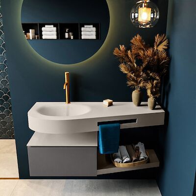 MONDIAZ RIVA 120cm badmeubel onderkast / planchet kleur Dark_Grey met 1 lade. Wastafel DULCET links 1 kraangat kleur Linen.