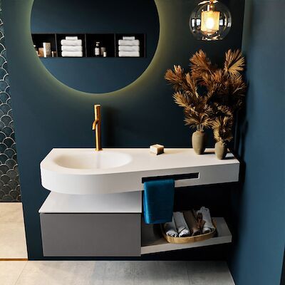 MONDIAZ RIVA 120cm badmeubel onderkast / planchet kleur Dark_Grey met 1 lade. Wastafel DULCET links 1 kraangat kleur Talc.