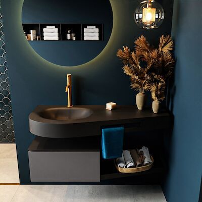 MONDIAZ RIVA 120cm badmeubel onderkast / planchet kleur Dark_Grey met 1 lade. Wastafel DULCET links 1 kraangat kleur Urban.