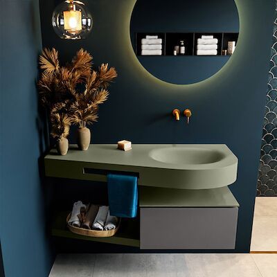 MONDIAZ RIVA 120cm badmeubel onderkast / planchet kleur Dark_Grey met 1 lade. Wastafel DULCET rechts 0 kraangaten kleur Army.