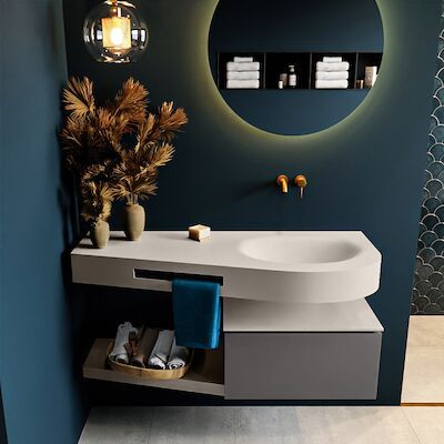 MONDIAZ RIVA 120cm badmeubel onderkast / planchet kleur Dark_Grey met 1 lade. Wastafel DULCET rechts 0 kraangaten kleur Linen.