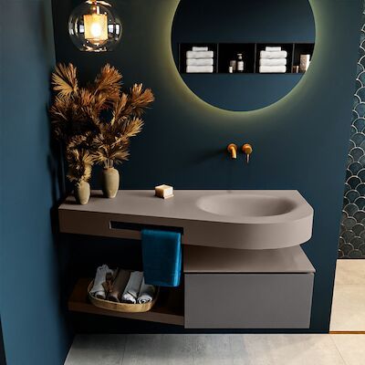 MONDIAZ RIVA 120cm badmeubel onderkast / planchet kleur Dark_Grey met 1 lade. Wastafel DULCET rechts 0 kraangaten kleur Smoke.
