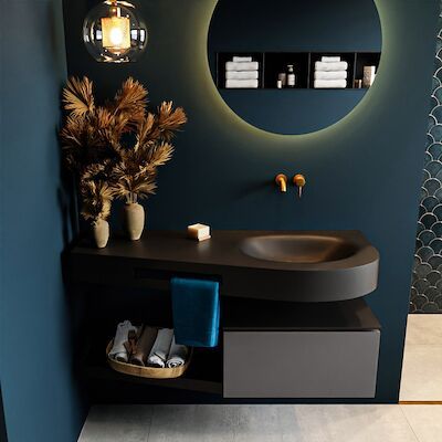 MONDIAZ RIVA 120cm badmeubel onderkast / planchet kleur Dark_Grey met 1 lade. Wastafel DULCET rechts 0 kraangaten kleur Urban.