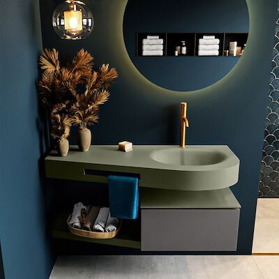 MONDIAZ RIVA 120cm badmeubel onderkast / planchet kleur Dark_Grey met 1 lade. Wastafel DULCET rechts 1 kraangat kleur Army.