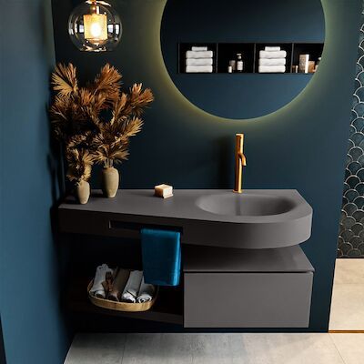 MONDIAZ RIVA 120cm badmeubel onderkast / planchet kleur Dark_Grey met 1 lade. Wastafel DULCET rechts 1 kraangat kleur Dark_Grey.