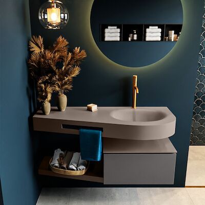 MONDIAZ RIVA 120cm badmeubel onderkast / planchet kleur Dark_Grey met 1 lade. Wastafel DULCET rechts 1 kraangat kleur Smoke.