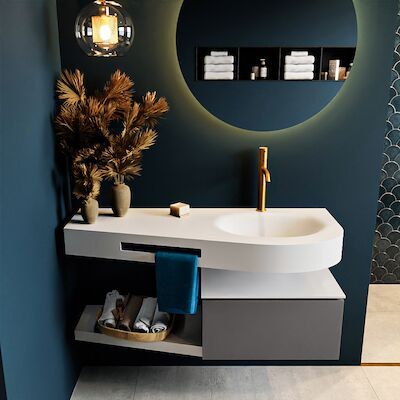 MONDIAZ RIVA 120cm badmeubel onderkast / planchet kleur Dark_Grey met 1 lade. Wastafel DULCET rechts 1 kraangat kleur Talc.