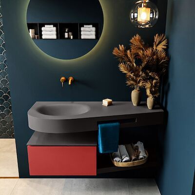 MONDIAZ RIVA 120cm badmeubel onderkast / planchet kleur Fire met 1 lade. Wastafel DULCET links 0 kraangaten kleur Dark_Grey.