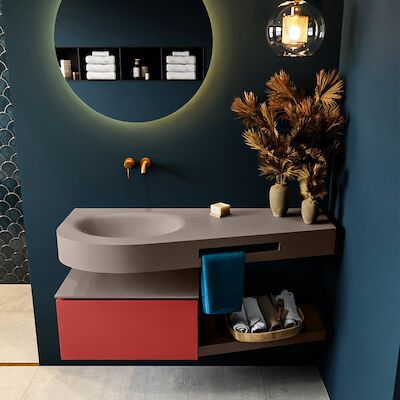MONDIAZ RIVA 120cm badmeubel onderkast / planchet kleur Fire met 1 lade. Wastafel DULCET links 0 kraangaten kleur Smoke.