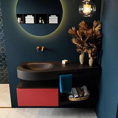 MONDIAZ RIVA 120cm badmeubel onderkast / planchet kleur Fire met 1 lade. Wastafel DULCET links 0 kraangaten kleur Urban.