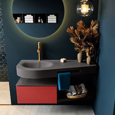 MONDIAZ RIVA 120cm badmeubel onderkast / planchet kleur Fire met 1 lade. Wastafel DULCET links 1 kraangat kleur Dark_Grey.