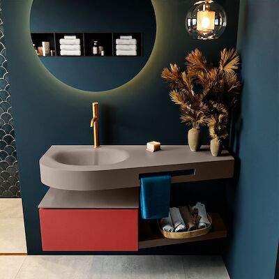 MONDIAZ RIVA 120cm badmeubel onderkast / planchet kleur Fire met 1 lade. Wastafel DULCET links 1 kraangat kleur Smoke.