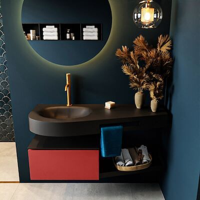 MONDIAZ RIVA 120cm badmeubel onderkast / planchet kleur Fire met 1 lade. Wastafel DULCET links 1 kraangat kleur Urban.