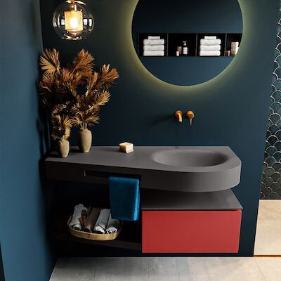 MONDIAZ RIVA 120cm badmeubel onderkast / planchet kleur Fire met 1 lade. Wastafel DULCET rechts 0 kraangaten kleur Dark_Grey.