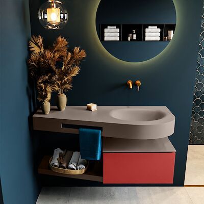 MONDIAZ RIVA 120cm badmeubel onderkast / planchet kleur Fire met 1 lade. Wastafel DULCET rechts 0 kraangaten kleur Smoke.