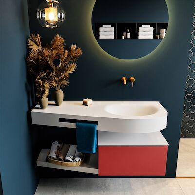 MONDIAZ RIVA 120cm badmeubel onderkast / planchet kleur Fire met 1 lade. Wastafel DULCET rechts 0 kraangaten kleur Talc.