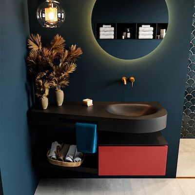 MONDIAZ RIVA 120cm badmeubel onderkast / planchet kleur Fire met 1 lade. Wastafel DULCET rechts 0 kraangaten kleur Urban.