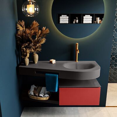 MONDIAZ RIVA 120cm badmeubel onderkast / planchet kleur Fire met 1 lade. Wastafel DULCET rechts 1 kraangat kleur Dark_Grey.