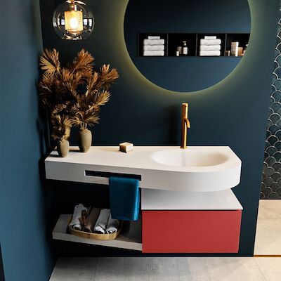 MONDIAZ RIVA 120cm badmeubel onderkast / planchet kleur Fire met 1 lade. Wastafel DULCET rechts 1 kraangat kleur Talc.