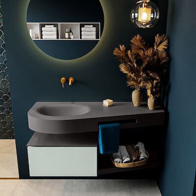 MONDIAZ RIVA 120cm badmeubel onderkast / planchet kleur Greey met 1 lade. Wastafel DULCET links 0 kraangaten kleur Dark_Grey.