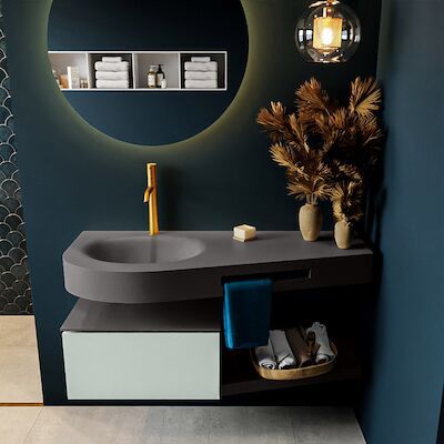 MONDIAZ RIVA 120cm badmeubel onderkast / planchet kleur Greey met 1 lade. Wastafel DULCET links 1 kraangat kleur Dark_Grey.