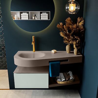 MONDIAZ RIVA 120cm badmeubel onderkast / planchet kleur Greey met 1 lade. Wastafel DULCET links 1 kraangat kleur Smoke.
