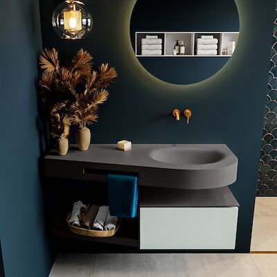 MONDIAZ RIVA 120cm badmeubel onderkast / planchet kleur Greey met 1 lade. Wastafel DULCET rechts 0 kraangaten kleur Dark_Grey.