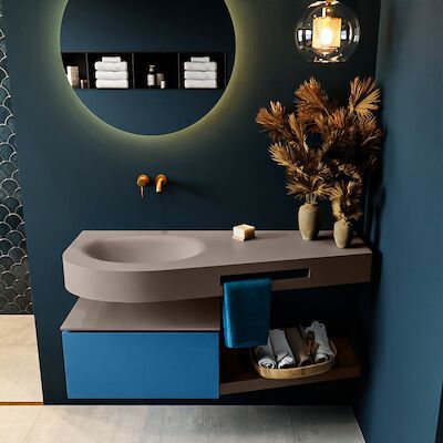 MONDIAZ RIVA 120cm badmeubel onderkast / planchet kleur Jeans met 1 lade. Wastafel DULCET links 0 kraangaten kleur Smoke.
