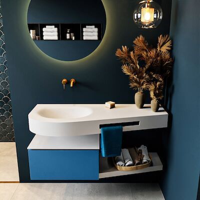 MONDIAZ RIVA 120cm badmeubel onderkast / planchet kleur Jeans met 1 lade. Wastafel DULCET links 0 kraangaten kleur Talc.