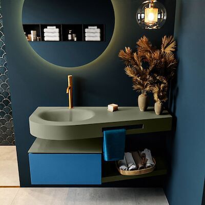MONDIAZ RIVA 120cm badmeubel onderkast / planchet kleur Jeans met 1 lade. Wastafel DULCET links 1 kraangat kleur Army.