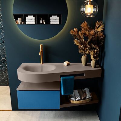 MONDIAZ RIVA 120cm badmeubel onderkast / planchet kleur Jeans met 1 lade. Wastafel DULCET links 1 kraangat kleur Smoke.