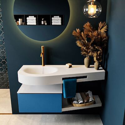 MONDIAZ RIVA 120cm badmeubel onderkast / planchet kleur Jeans met 1 lade. Wastafel DULCET links 1 kraangat kleur Talc.