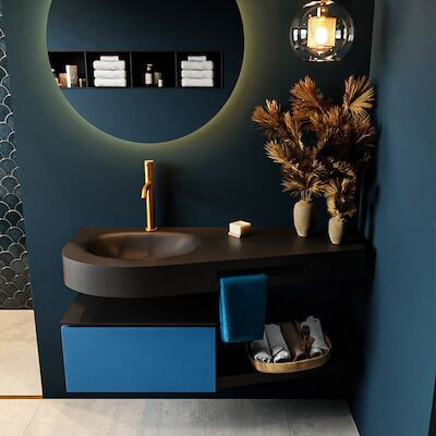 MONDIAZ RIVA 120cm badmeubel onderkast / planchet kleur Jeans met 1 lade. Wastafel DULCET links 1 kraangat kleur Urban.