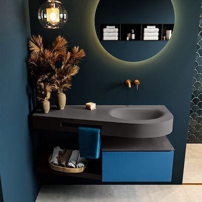 MONDIAZ RIVA 120cm badmeubel onderkast / planchet kleur Jeans met 1 lade. Wastafel DULCET rechts 0 kraangaten kleur Dark_Grey.
